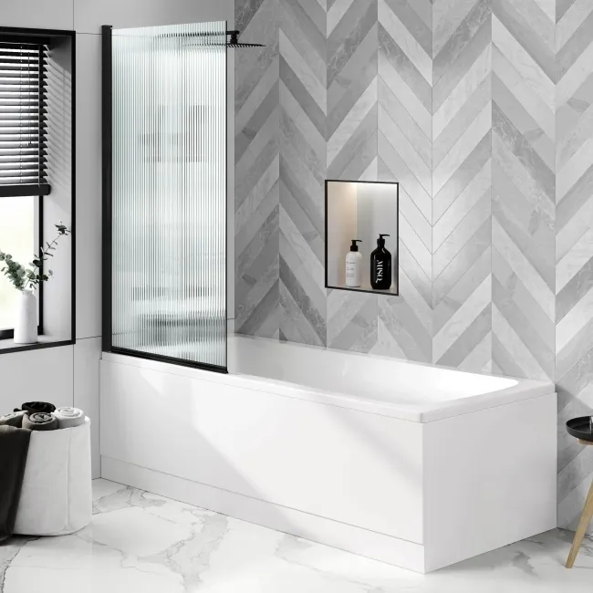 Geneva Fluted Effect Matt Black Easy Clean 6mm Bath Screen - 800mm