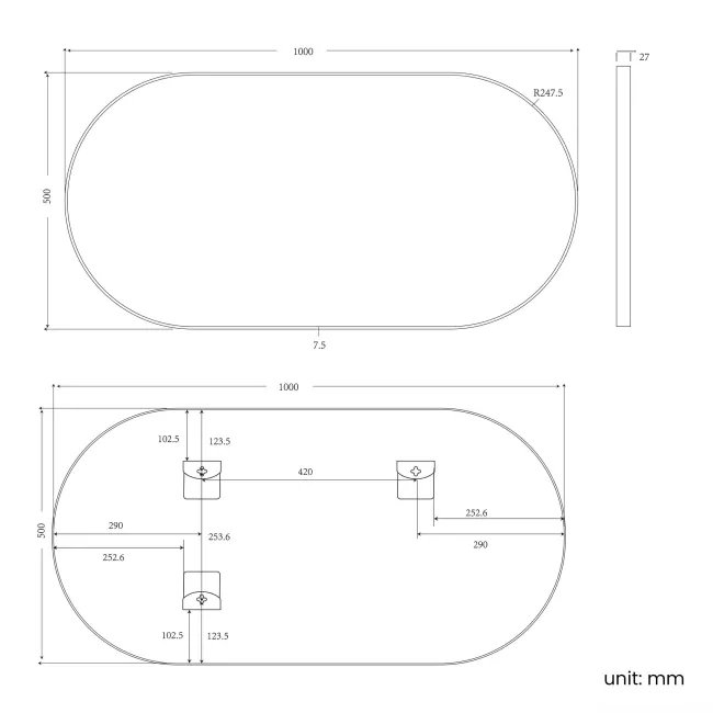 Essence Black Framed Pill Bathroom Mirror 1000x500mm
