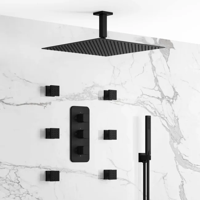 Galway Premium Ceiling Matt Black Square Thermostatic Set - 400mm Head, Hand Shower & Jets