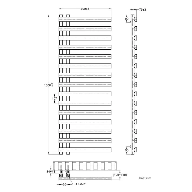 Palermo Electric Matt Black Designer Heated Towel Rail 1600x600mm