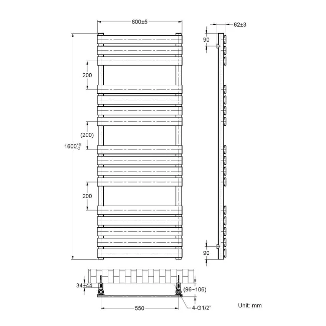 Santorini Electric Matt Black Flat Panel Heated Towel Rail 1600x600mm