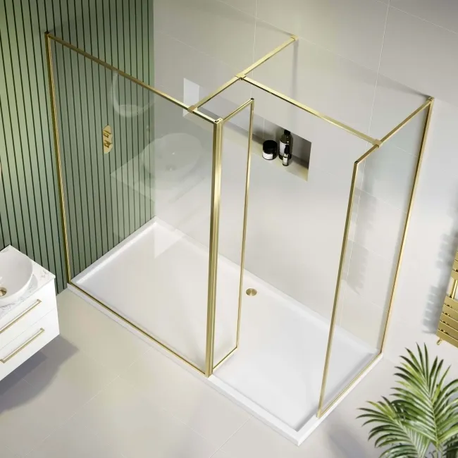 Munich Brushed Brass Framed 8mm Walk In Shower Enclosure 1200mm & 800mm Glass with Return Panel