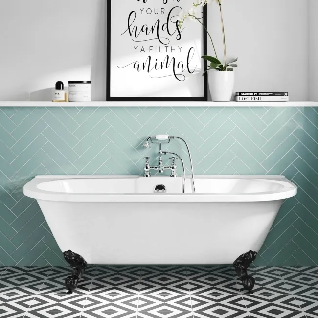 Harrow 1700mm Back To Wall Roll Top Bath - Black Ball Feet