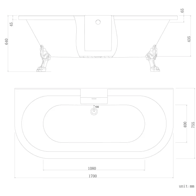 Harrow 1700mm Back To Wall Roll Top Bath - White Claw Feet