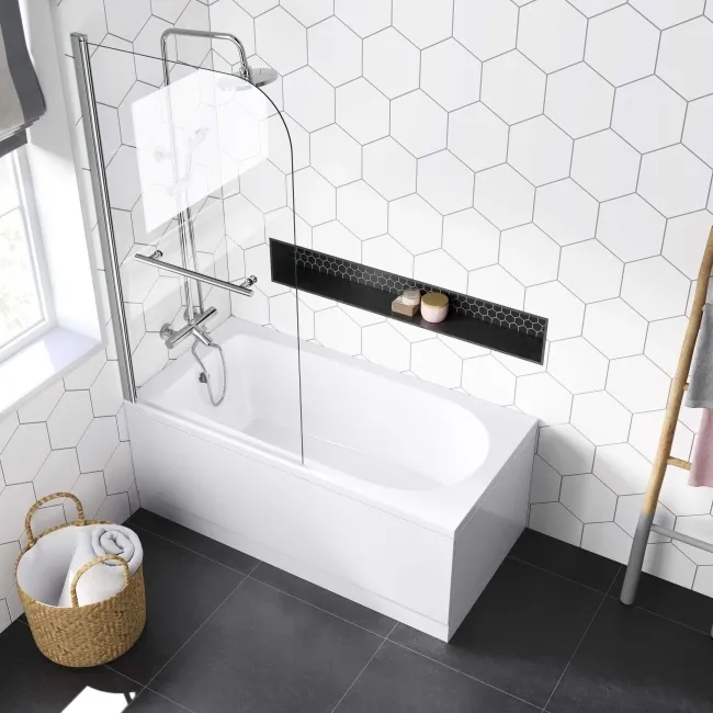 Stafford 1400x700 Round Shower Bath & 6mm Easy Clean Screen with Rail