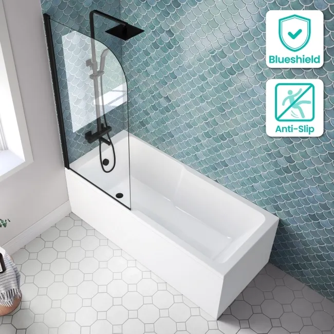 Antigua 1700x750 Keyhole Shower Bath & 6mm Easy Clean Matt Black Bath Screen