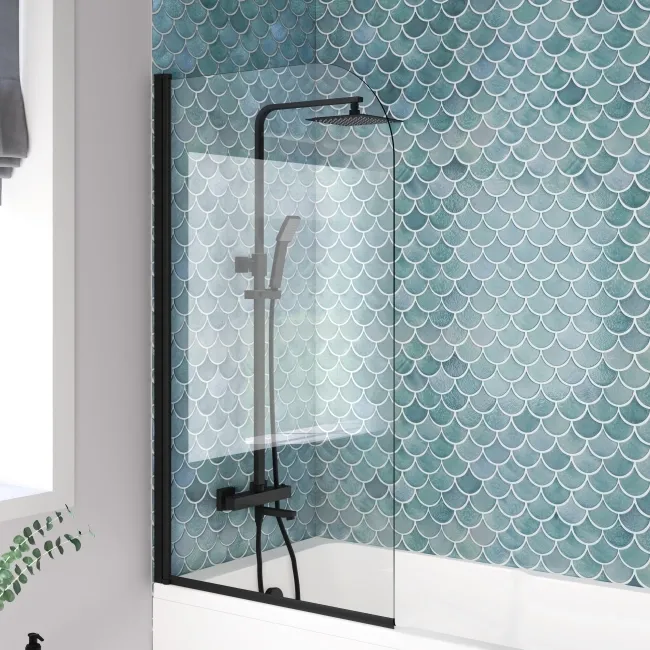 Antigua 1700x750 Keyhole Shower Bath & 6mm Easy Clean Matt Black Bath Screen