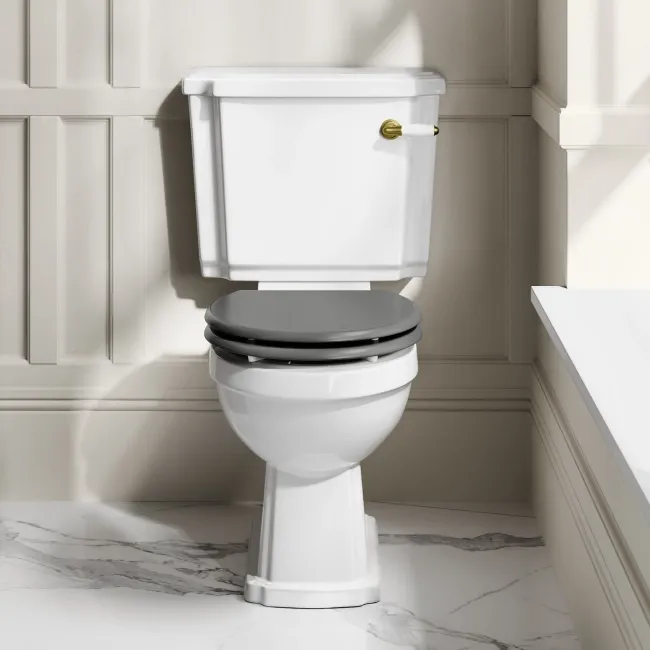 Hudson Traditional Close Coupled Toilet With Graphite Grey Wooden Seat - Brushed Brass Lever