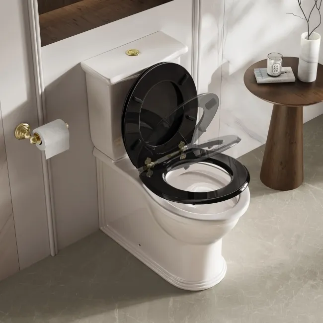 Alma Traditional Rimless Close Coupled Toilet With Gloss Black Wooden Soft Close Seat - Brushed Brass Hinges