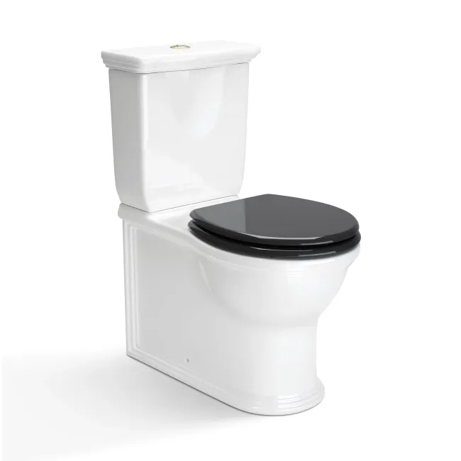 Alma Traditional Rimless Close Coupled Toilet With Gloss Black Wooden Soft Close Seat - Brushed Brass Hinges