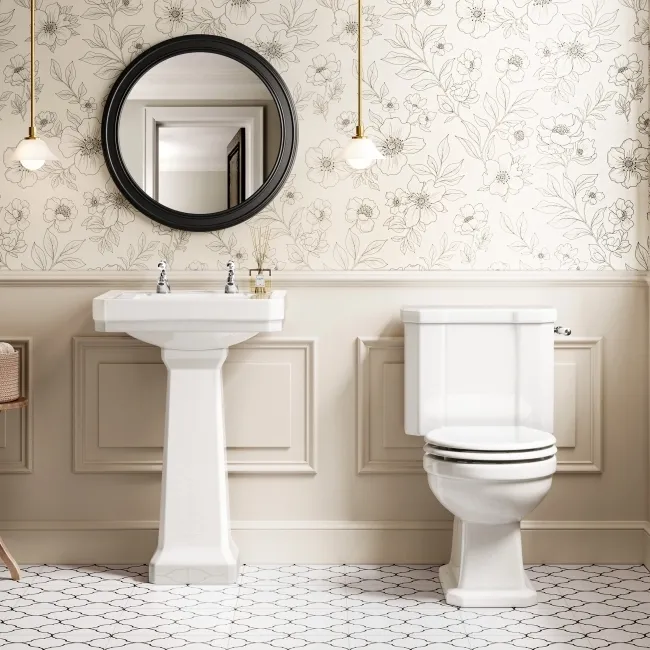 Enid Traditional Close Coupled Toilet With Gloss White Wooden Seat & Pedestal Basin - Double Tap Hole