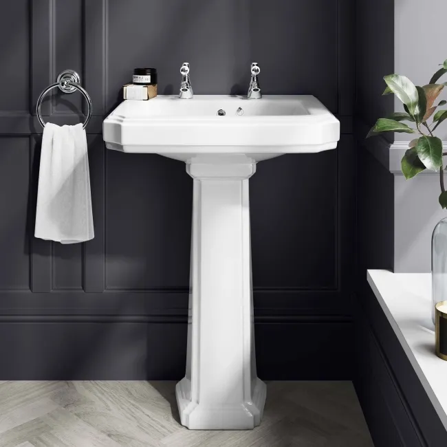 Hudson Traditional High-Level Toilet With Cashmere Pink Seat & Pedestal Basin - Double Tap Hole