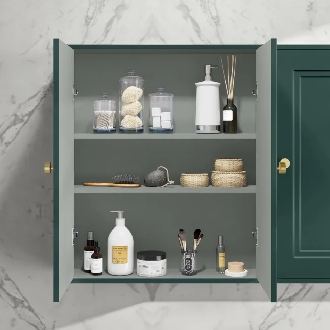 Midnight Green Wall Hung Cabinet 700x600mm - Brushed Brass Accents