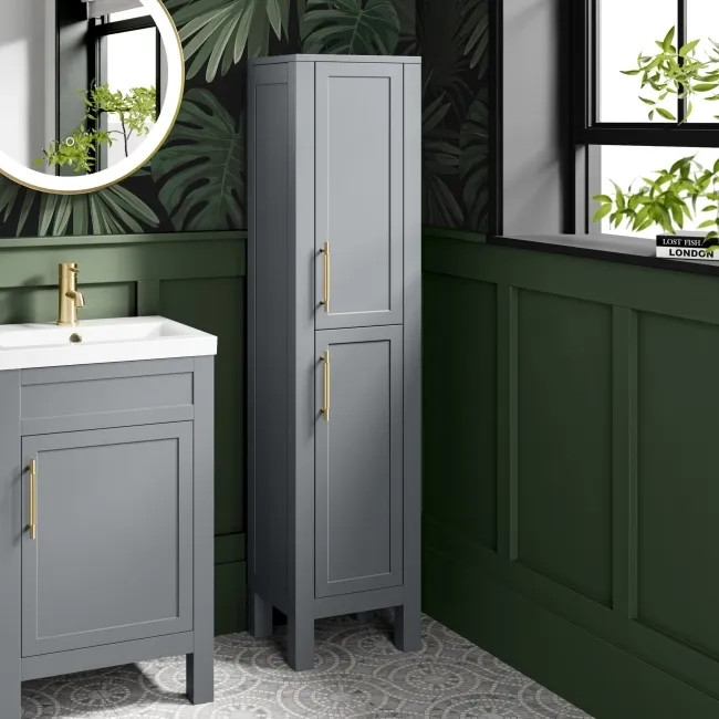 Bermuda Dove Grey Floor Standing Tall Cabinet 1500x350mm - Brass Knurled Handles