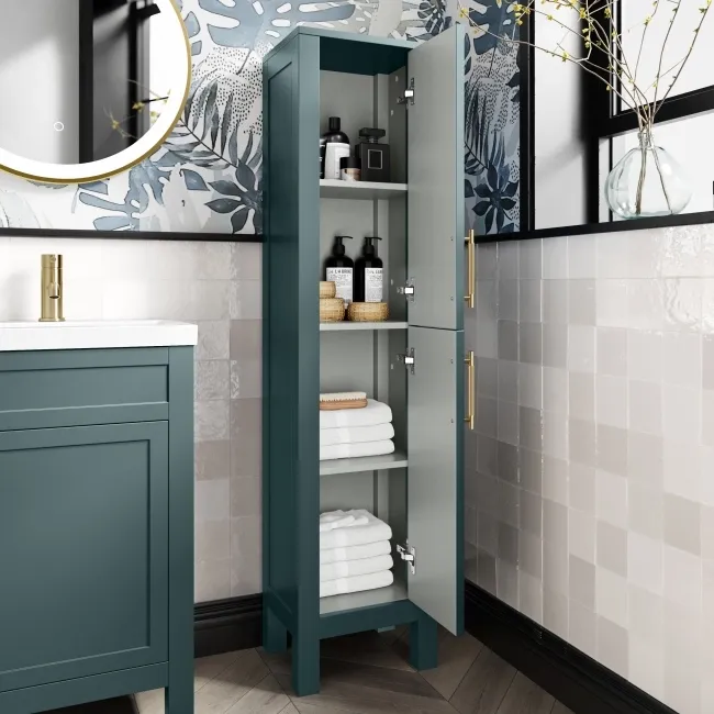 Bermuda Midnight Green Floor Standing Tall Cabinet 1500x350mm - Brass Knurled Handles