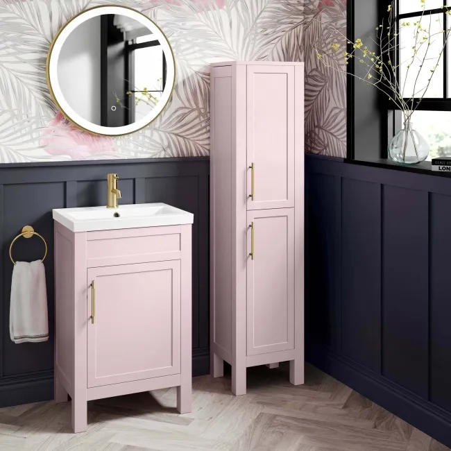 Bermuda Cashmere Pink Floor Standing Tall Cabinet 1500x350mm - Brass Knurled Handles