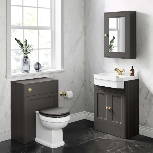 Graphite Grey Mirror Cabinet 700x500mm - Brushed Brass Accents