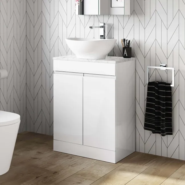 Trent Gloss White Vanity with Marble Top & Oval Counter Top Basin 600mm