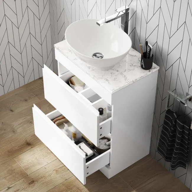 Trent Gloss White Vanity Drawer with Marble Top & Oval Counter Top Basin 600mm