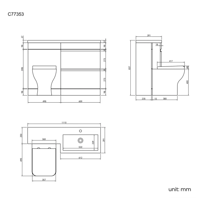 Trent Gloss White Combination Basin Drawer and Atlanta Toilet 1100mm - Right Handed