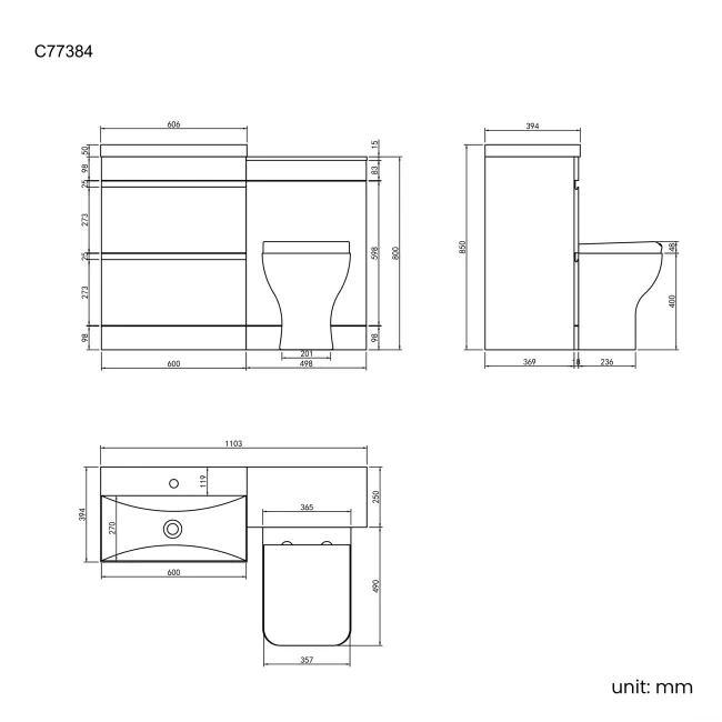 Trent Stone Grey Combination Basin Drawer and Atlanta Toilet 1100mm