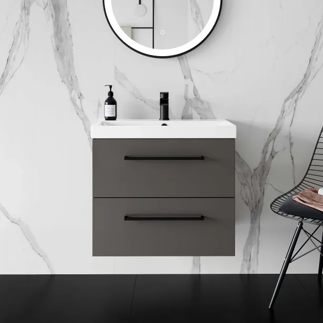Elba Graphite Grey Wall Hung Basin Drawer Vanity 600mm - Black Accents