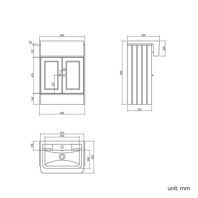 Monaco Graphite Grey Traditional Basin Vanity 600mm