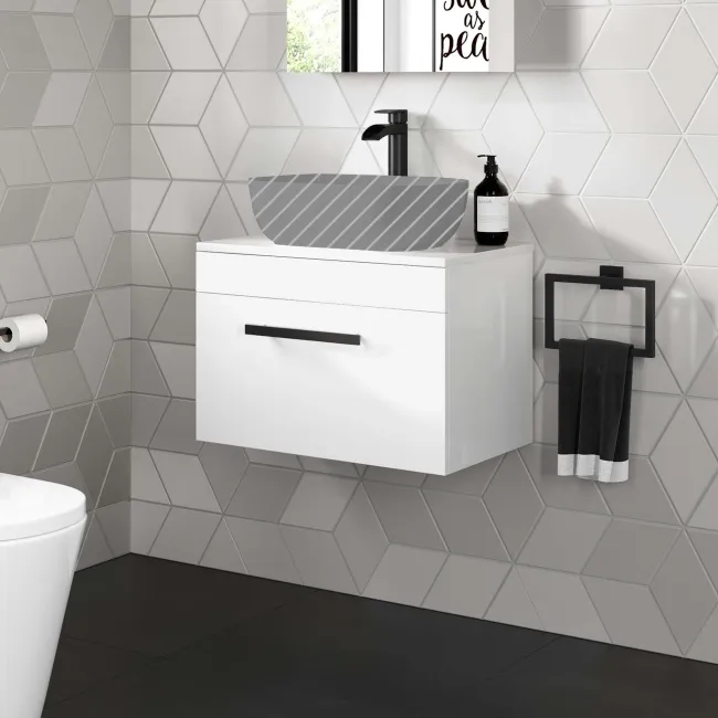 Avon Gloss White Wall Hung Counter Top Vanity 600mm - Black Accents