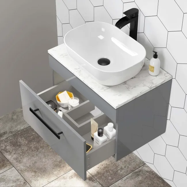 Avon Stone Grey Wall Hung Drawer Vanity with Marble Top & Curved Counter Top Basin 600mm - Black Accents