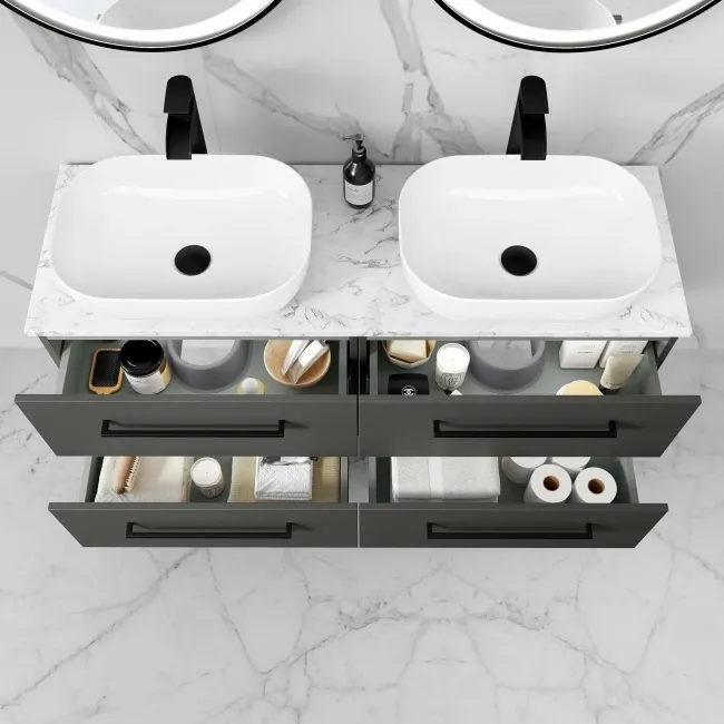 Elba Graphite Grey Double Wall Hung Drawer Vanity with Marble Top & Curved Counter Top Basin 1200mm - Black Accents