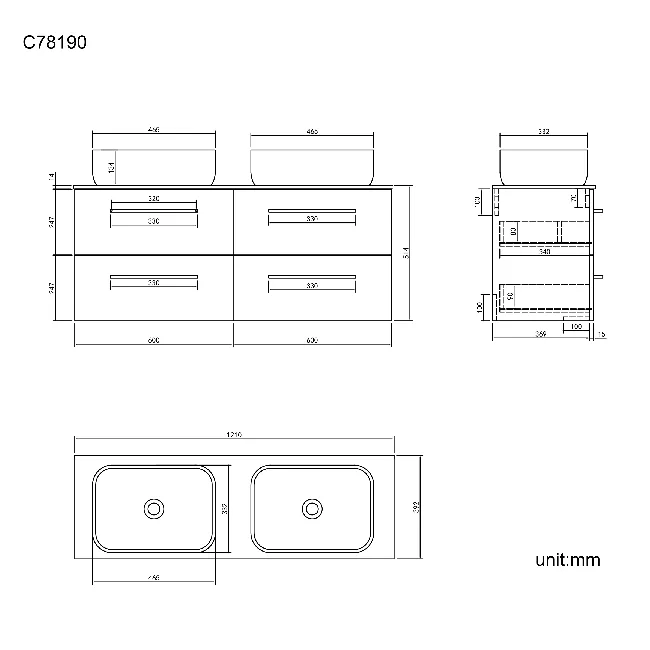 Elba Graphite Grey Double Wall Hung Drawer Vanity with Marble Top & Curved Counter Top Basin 1200mm - Black Accents