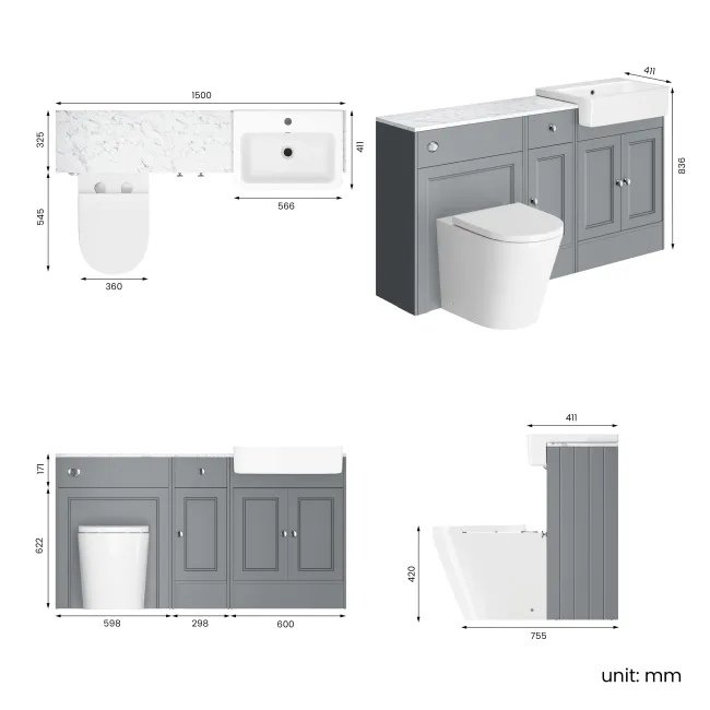 Monaco Dove Grey Combination Vanity Basin with Marble Top and Boston Toilet 1500mm