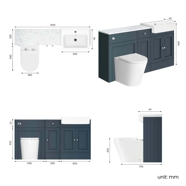 Monaco Inky Blue Combination Vanity Basin with Marble Top and Boston Toilet 1500mm