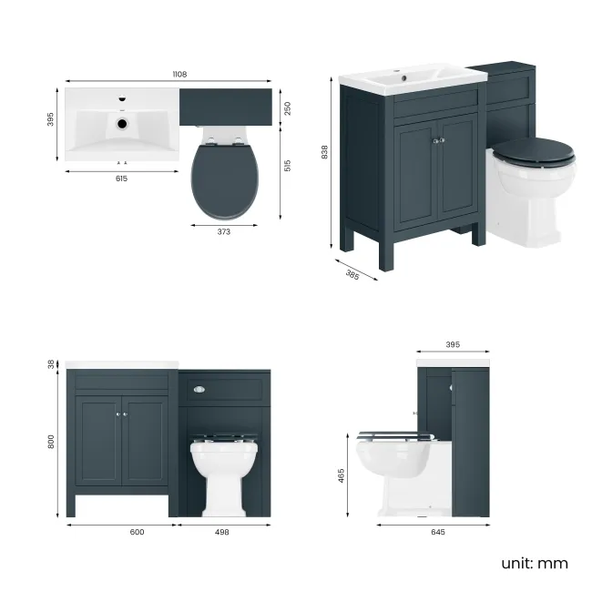 Bermuda Inky Blue Combination Vanity Basin and Hudson Toilet with Wooden Seat 1100mm