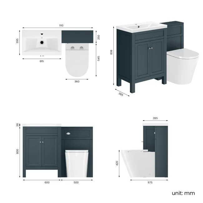 Bermuda Inky Blue Combination Vanity Basin and Boston Toilet 1100mm