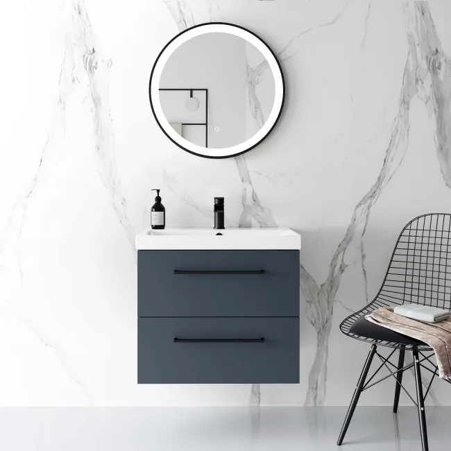 Elba Inky Blue Wall Hung Basin Drawer Vanity 600mm - Black Accents