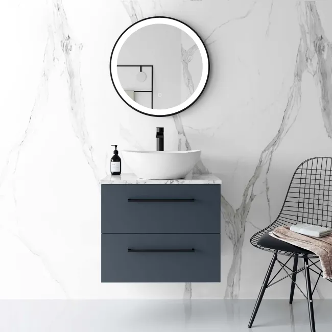 Elba Inky Blue Wall Hung Drawer Vanity with Marble Top & Oval Counter Top Basin 600mm - Black Accents