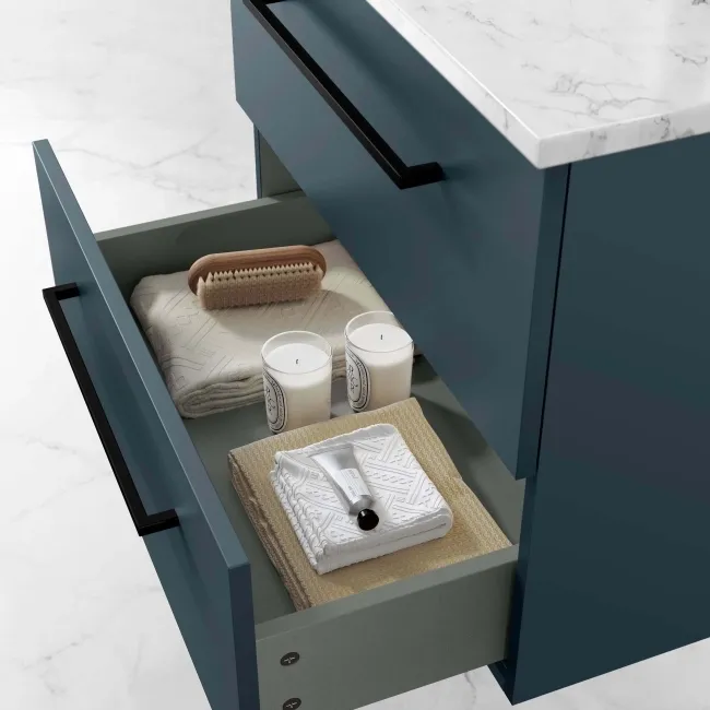 Elba Inky Blue Wall Hung Drawer Vanity with Marble Top & Curved Counter Top Basin 600mm - Black Accents