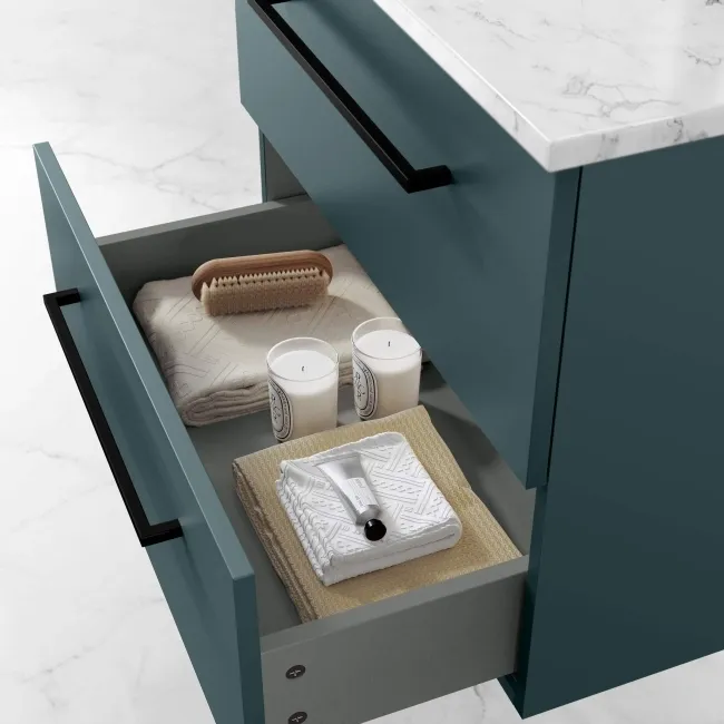 Elba Midnight Green Wall Hung Drawer Vanity with Marble Top & Curved Counter Top Basin 600mm - Black Accents