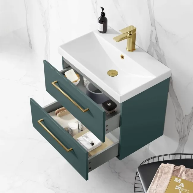 Elba Midnight Green Wall Hung Basin Drawer Vanity 600mm - Brushed Brass Accents