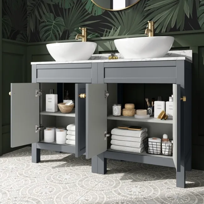 Bermuda Dove Grey Vanity with Marble Top & Oval Counter Top Basin 1200mm - Brushed Brass Accents
