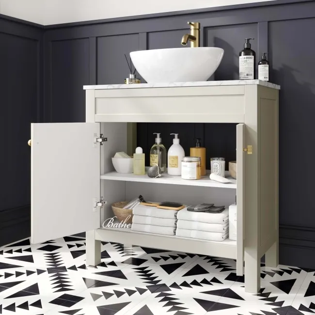 Bermuda Chalk White Vanity with Marble Top & Oval Counter Top Basin 800mm - Brushed Brass Accents