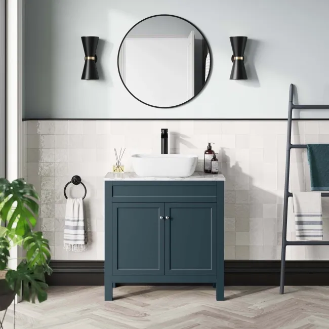 Bermuda Inky Blue Vanity with Marble Top & Curved Counter Top Basin 800mm