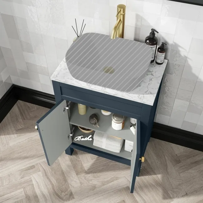 Bermuda Inky Blue Cabinet with Marble Top 600mm Excludes Counter Top Basin - Brushed Brass Accents