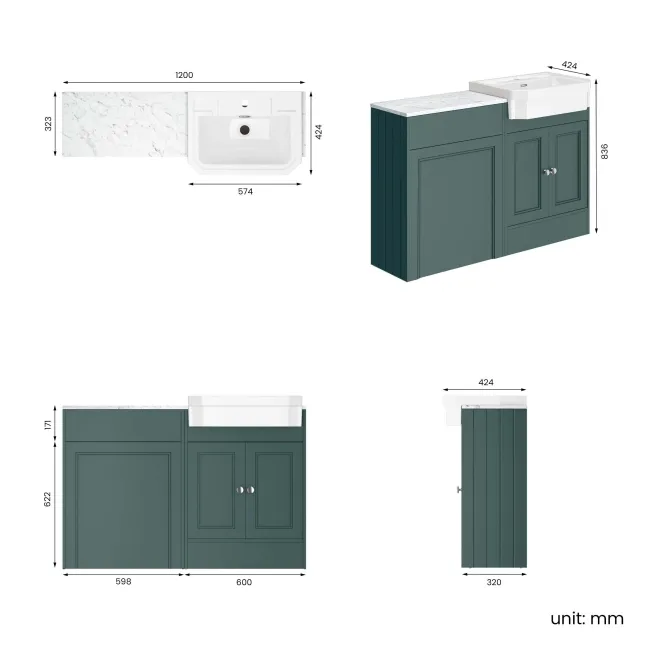 Monaco Midnight Green Combination Vanity Traditional Basin with Marble Top 1200mm (Excludes Pan & Cistern)