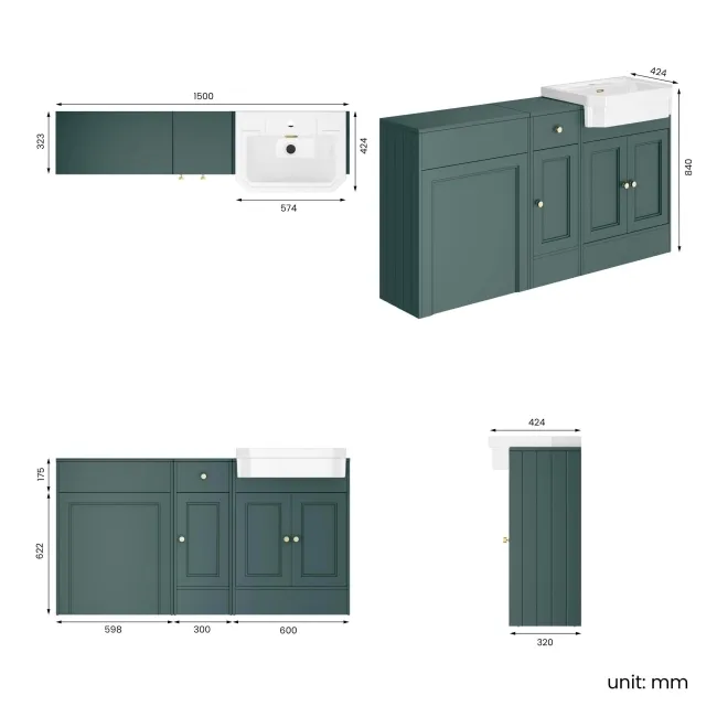 Monaco Midnight Green Traditional Basin Vanity and Back To Wall Unit 1500mm (Excludes Pan & Cistern) - Brushed Brass Accents