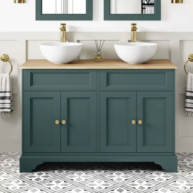 Lucia Midnight Green Double Vanity with Oak Effect Top & Round Counter Top Basin 1200mm - Brushed Brass Accents