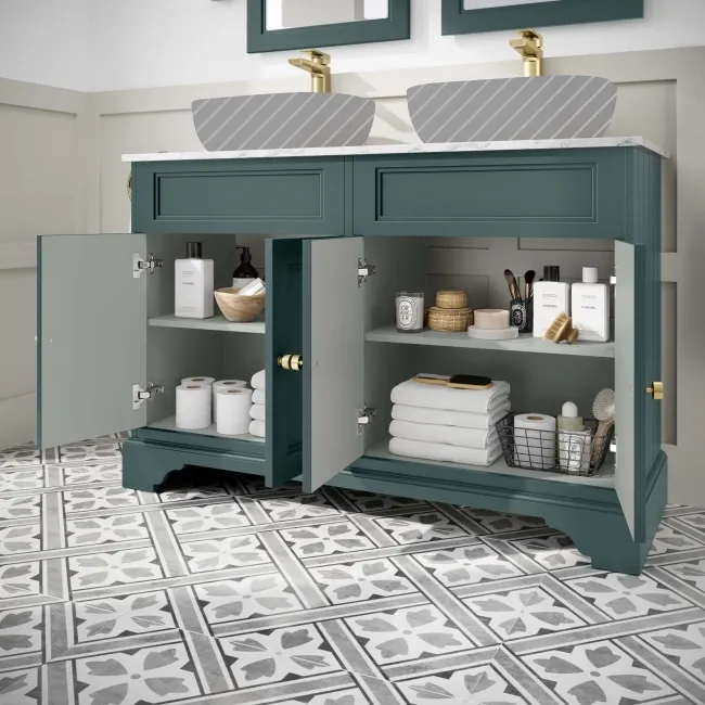 Lucia Midnight Green Cabinet with Marble Top 1200mm (Excludes Counter Top Basins) - Brushed Brass Accents