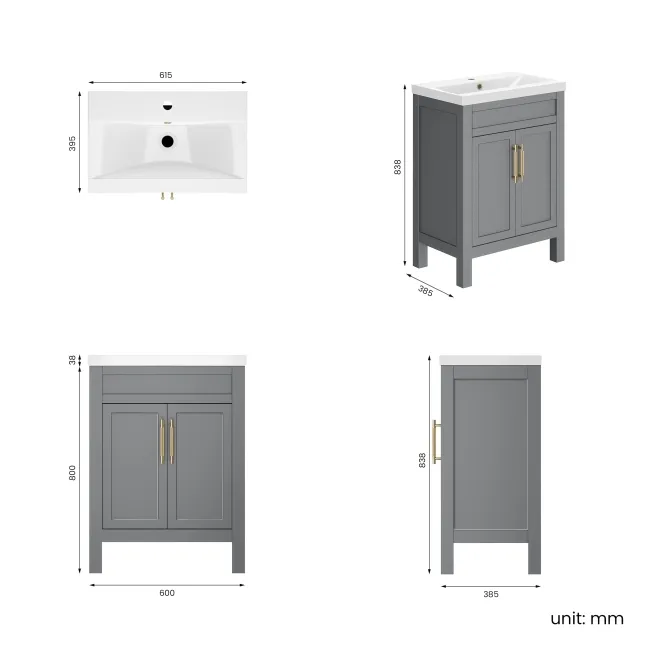 Bermuda Dove Grey Basin Vanity 600mm - Brass Knurled Handles