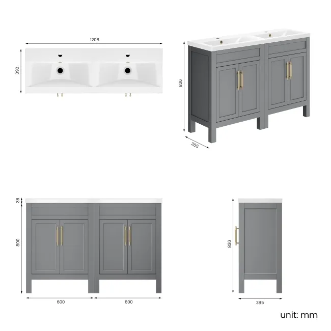 Bermuda Dove Grey Double Basin Vanity 1200mm - Brass Knurled Handles